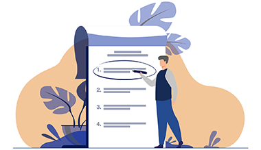 Illustration of a man standing next to a large list of four items and drawing a circle around the first item