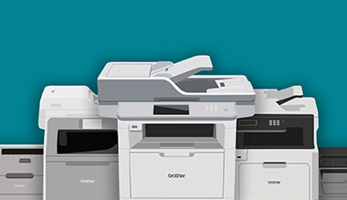 A series of Brother printers on a teal background