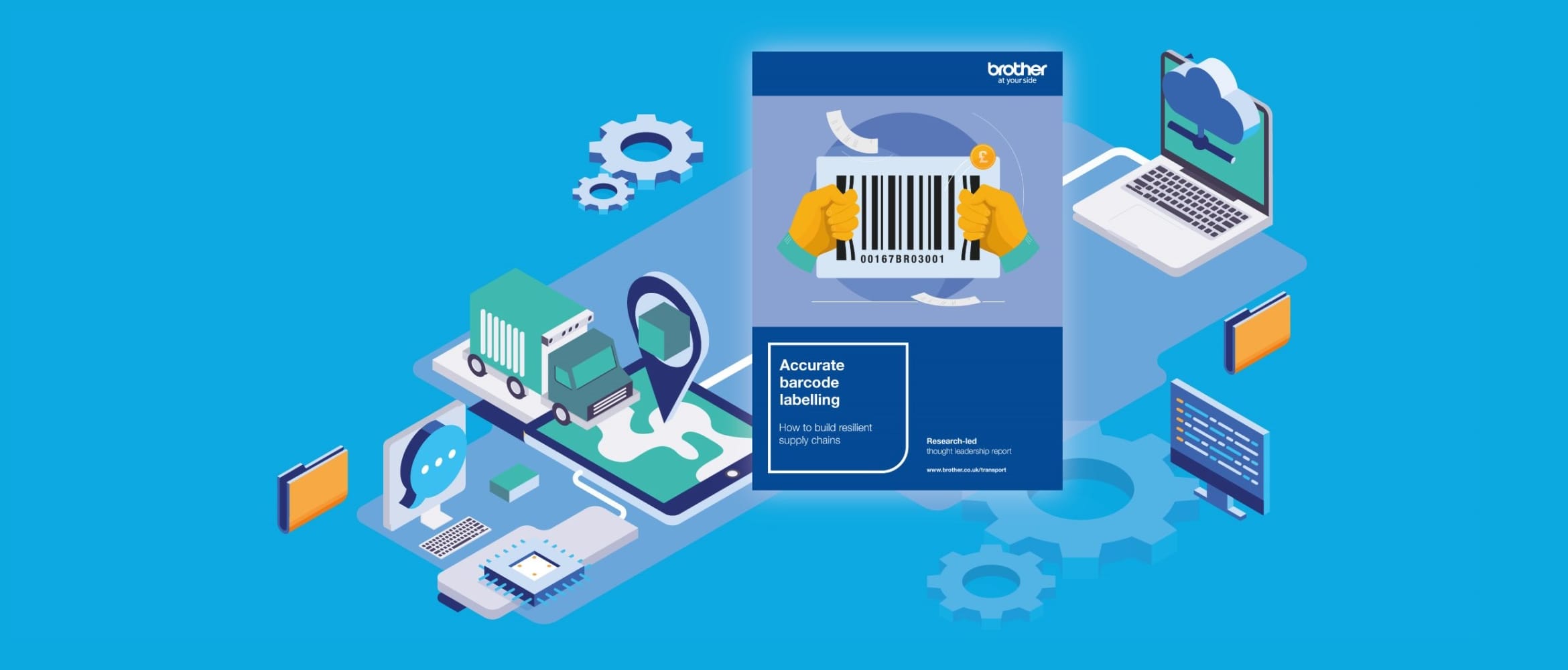 Illustration of a brochure with barcode, cogs, cloud and folder icons on a blue background