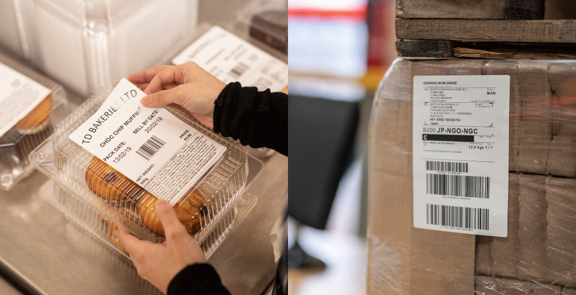 Split image with woman placing label on the left and a label on a pallet of boxes on the right