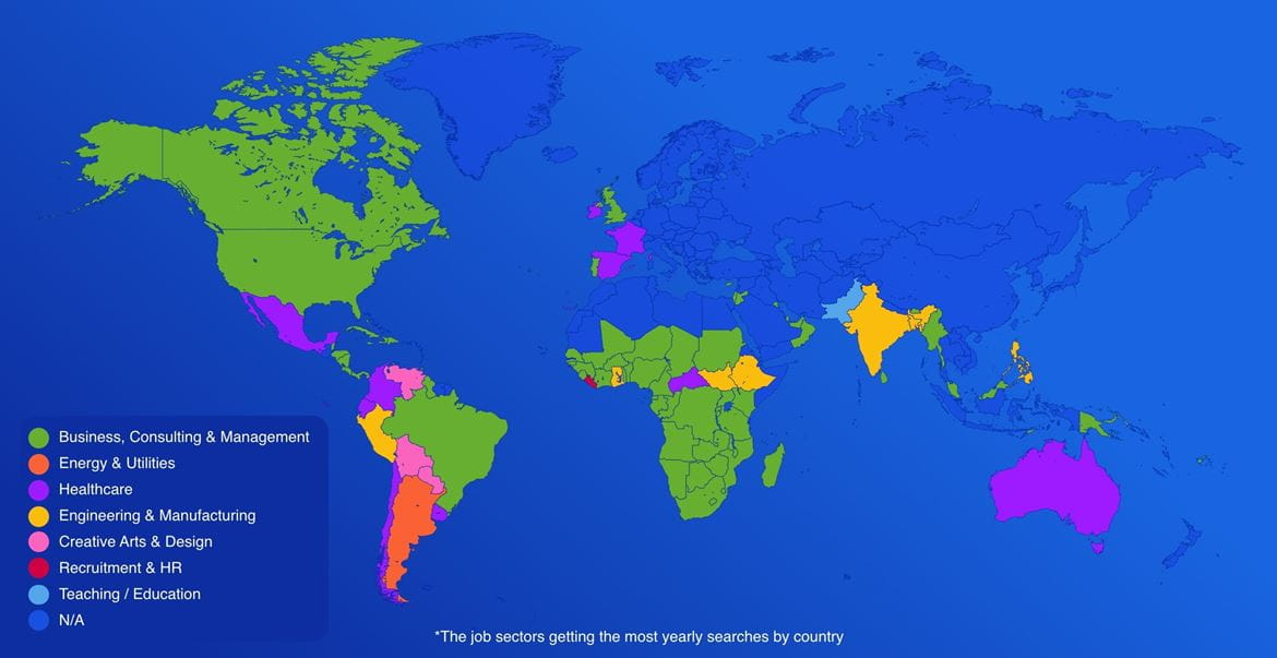 Infographic showing a map of the job sectors getting the most yearly searches by country