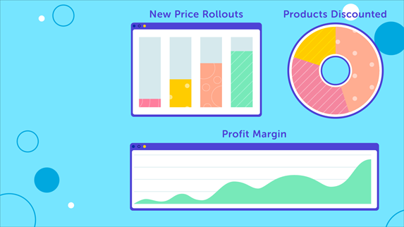 Illustration of a dashboard with three styles of charts on a light blue background