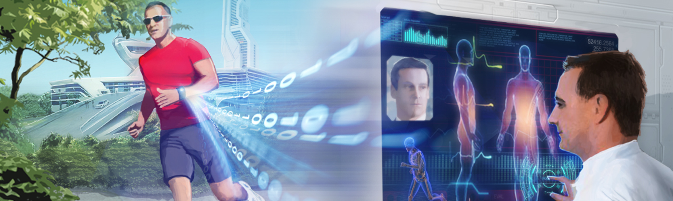 A hospital-based doctor uses a patient’s wearable wristband data to perform a real-time health assessment.
