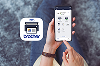 Brother mobile connect logo next to a phone with the app open