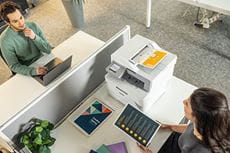 Overhead view of two people sat in office, Brother MFC-L8340CDW printer, plant, desk divider