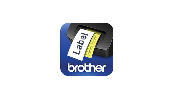 Grey label machine icon printing document on a blue background with Brother text underneath