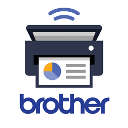 Grey printer icon with connectivity icon above and Brother text below