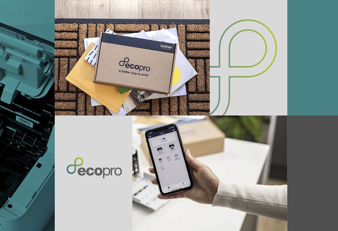 A range of tiles showing the EcoPro logo, supplies delivery and the Brother Mobile Connect app