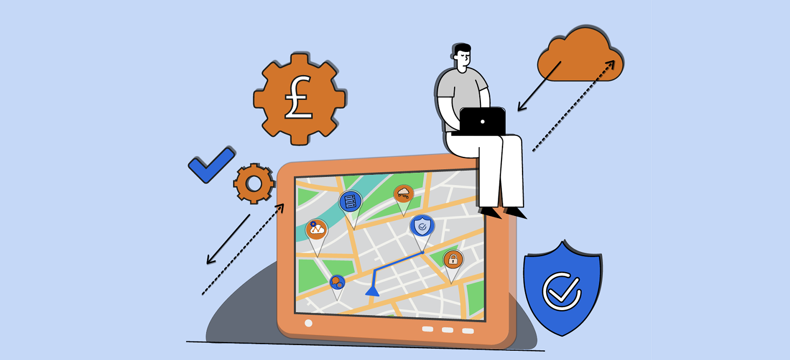 Illustration of a sat-nav device displaying cloud based IT icons above various locations with a route to one of them highlighted on the screen