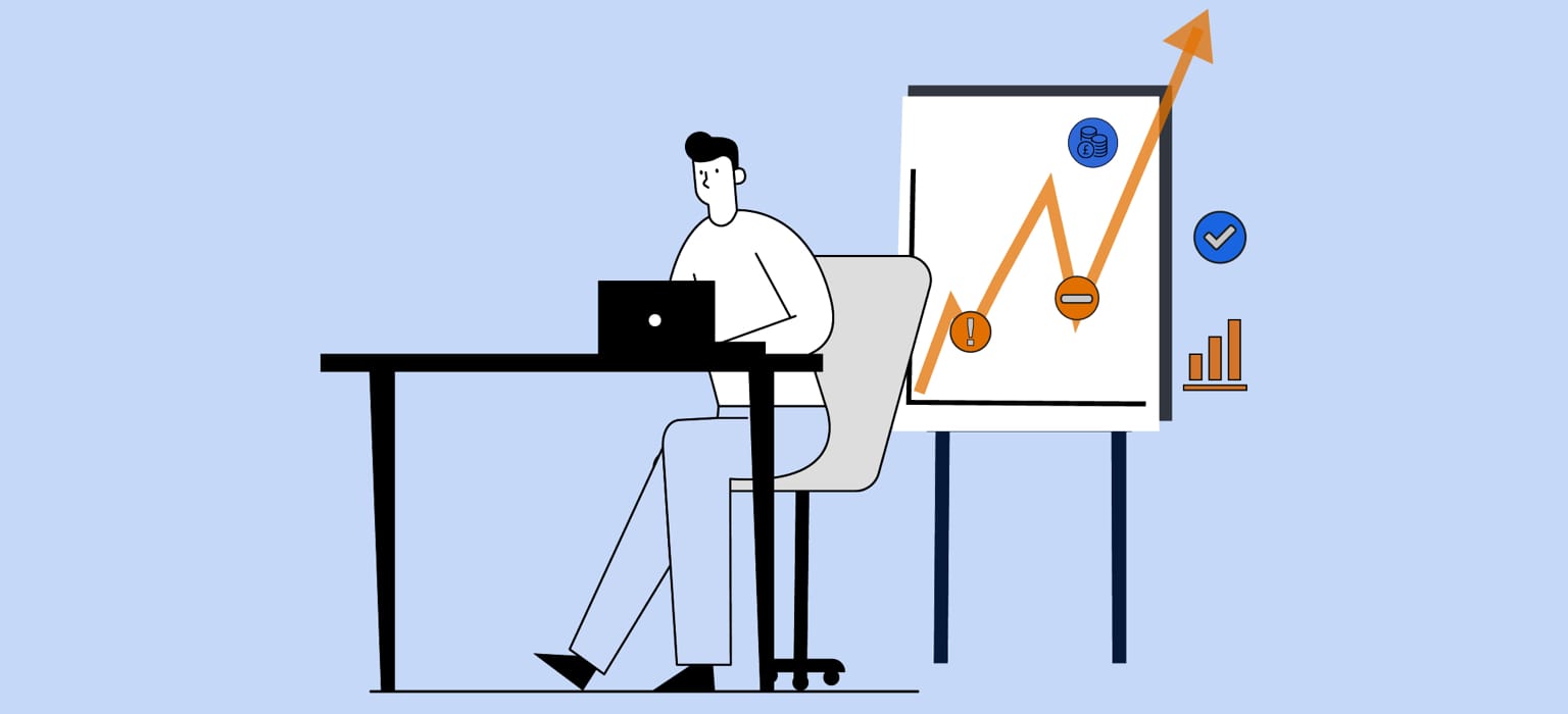 Illustration of a man using a notebook computer while sat at a desk with charts showing growth on a whiteboard in the background