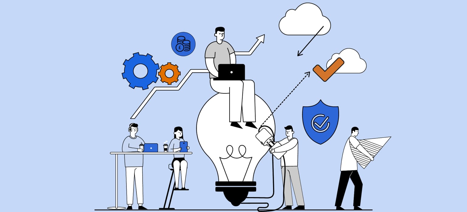 Illustration of four people in various work situations around a man using a notebook computer white sitting on a lightbulb with cloud based IT icons in the background