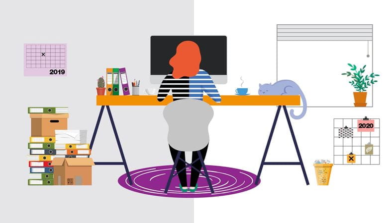 Illustration of a woman working at a trestle desk in a home office environment