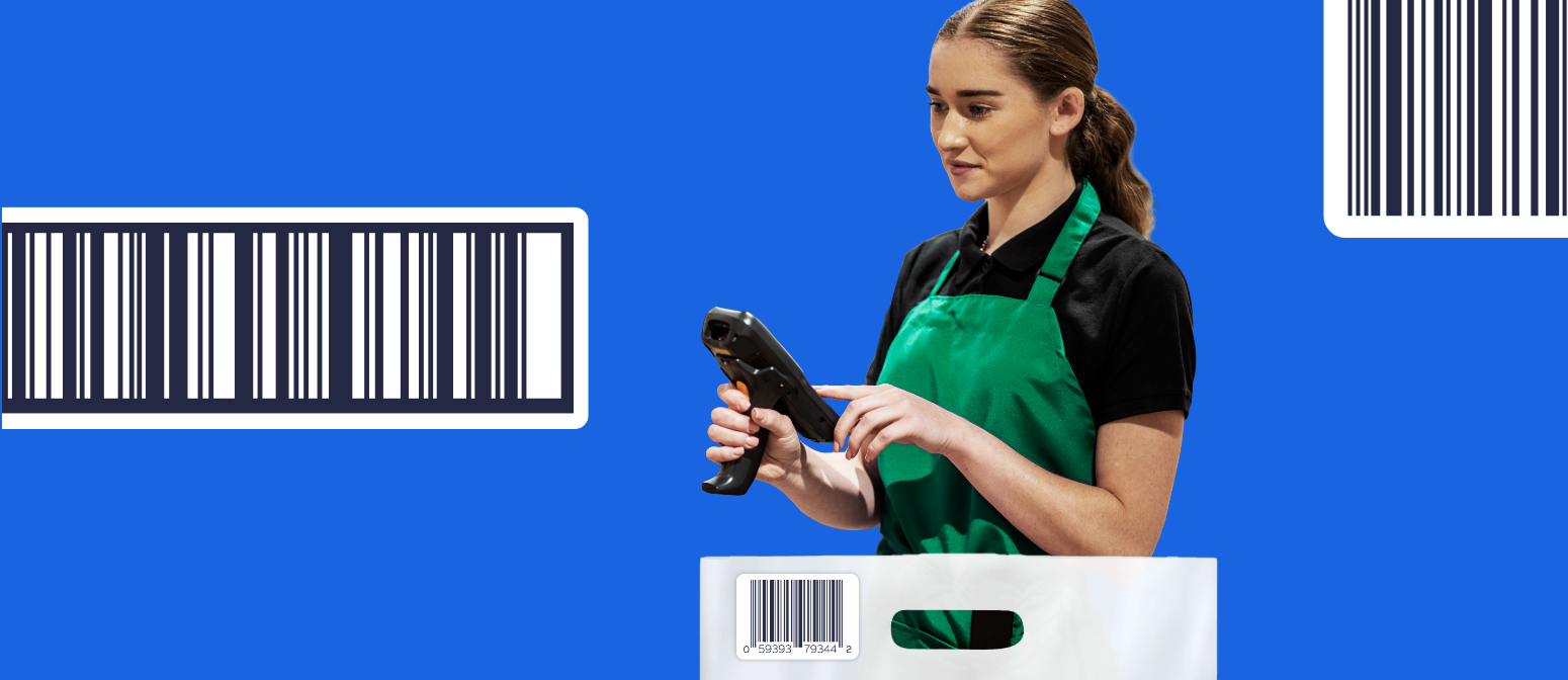 A female retail grocery worker holding a scanner on a blue background
