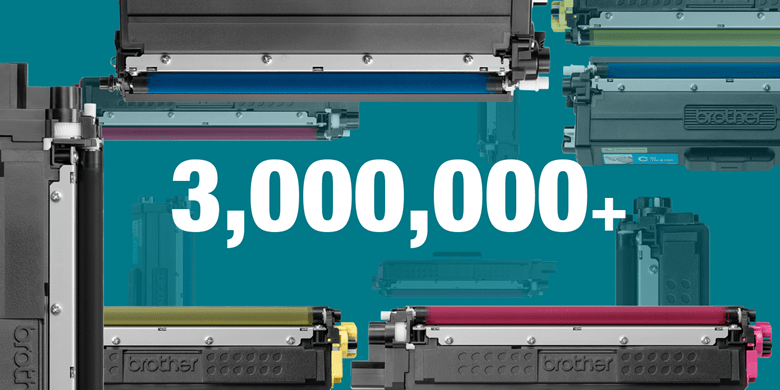 3 million plus written in numbers in white surrounded by toner cartridges on a turquoise background