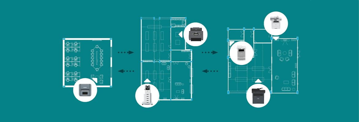 Diagram of six printers situated over floor plans of three office spaces on a teal background