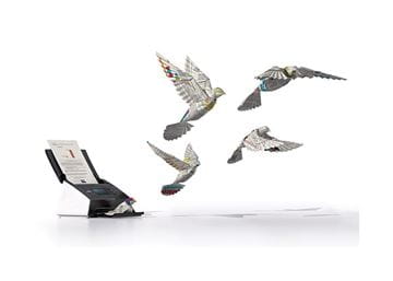 Illustration of paper birds flying out of a Brother scanner
