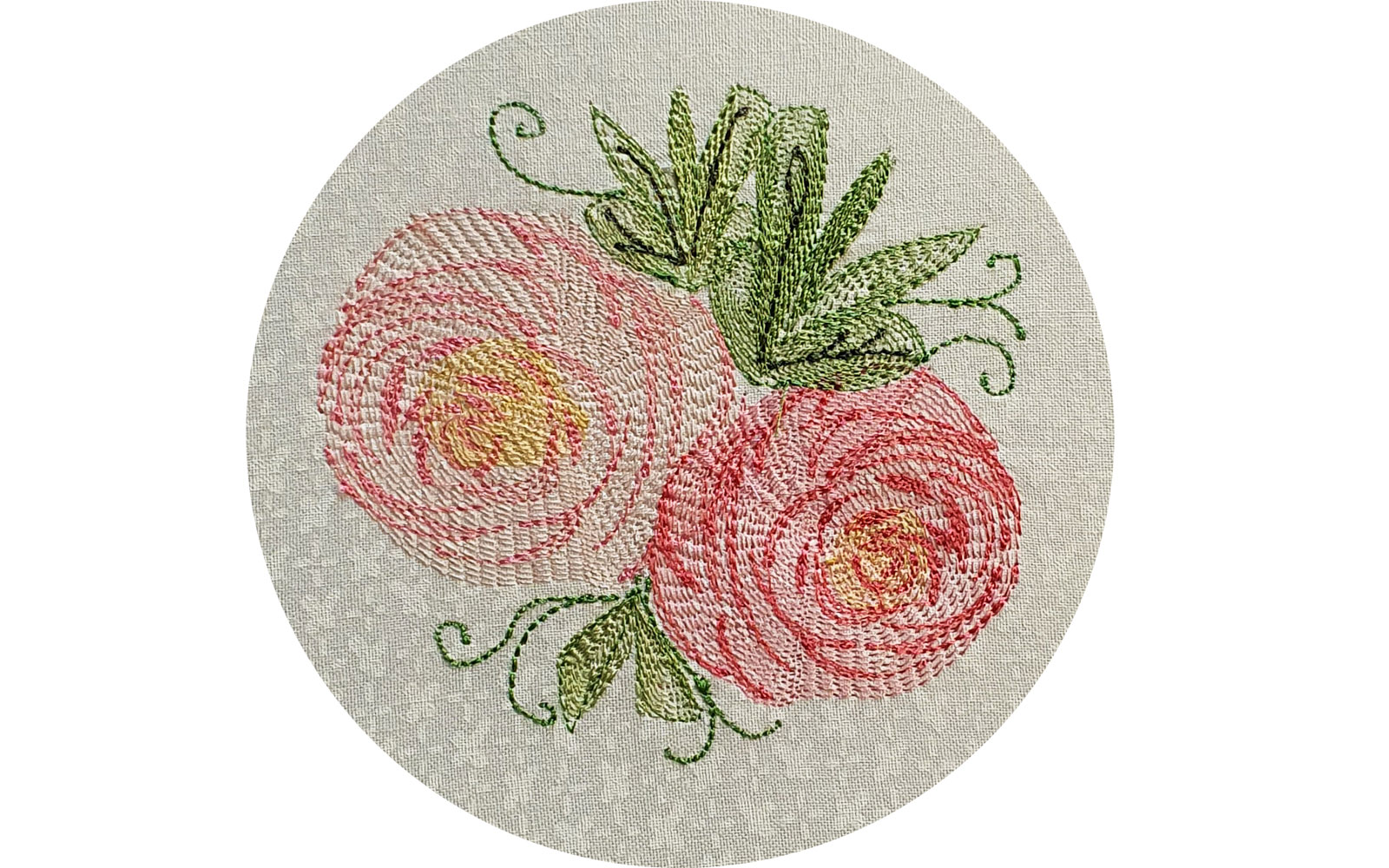 Two pink renenculus flower embroideries