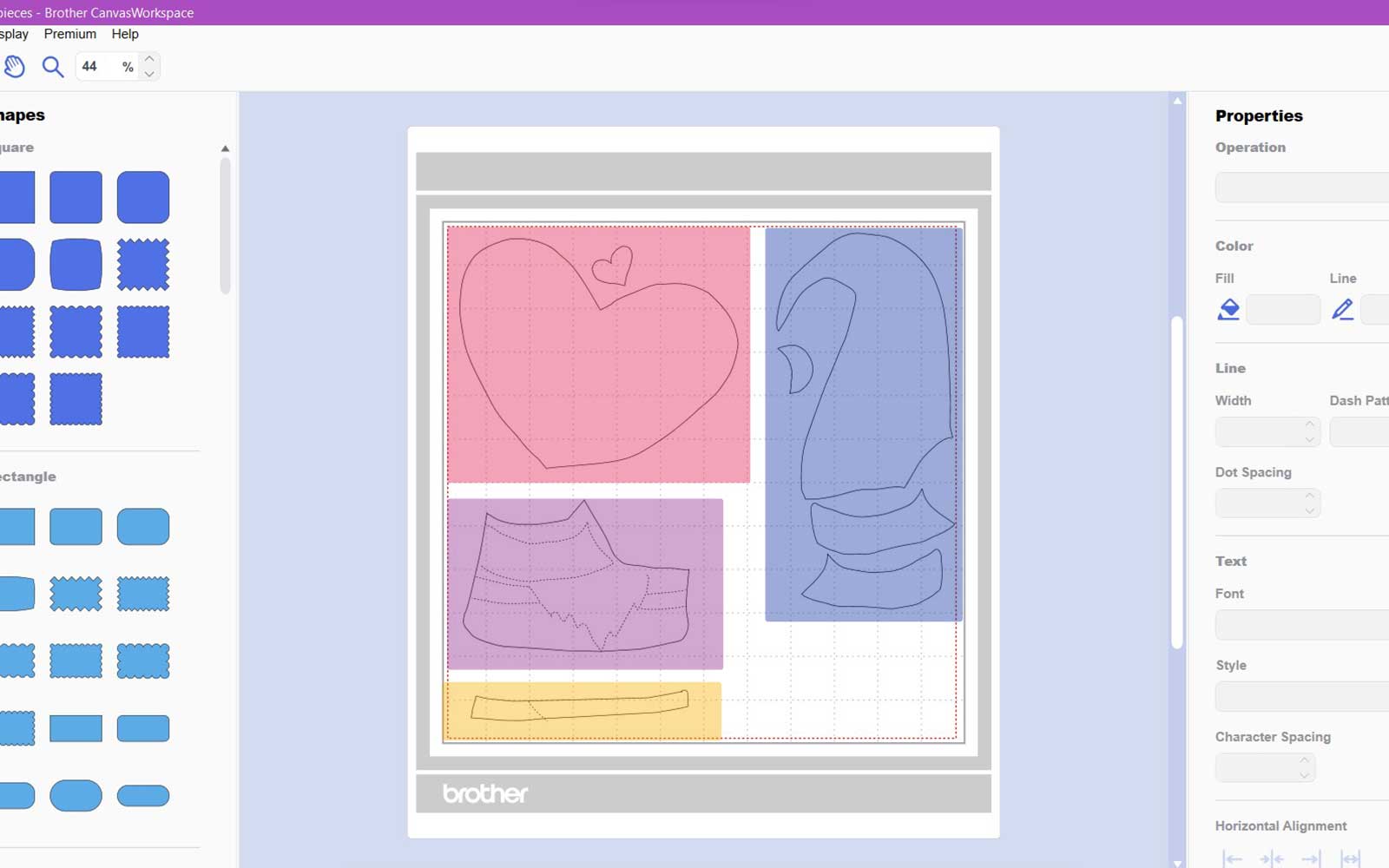 Screenshot van snijmat met verschillende kleurblokken