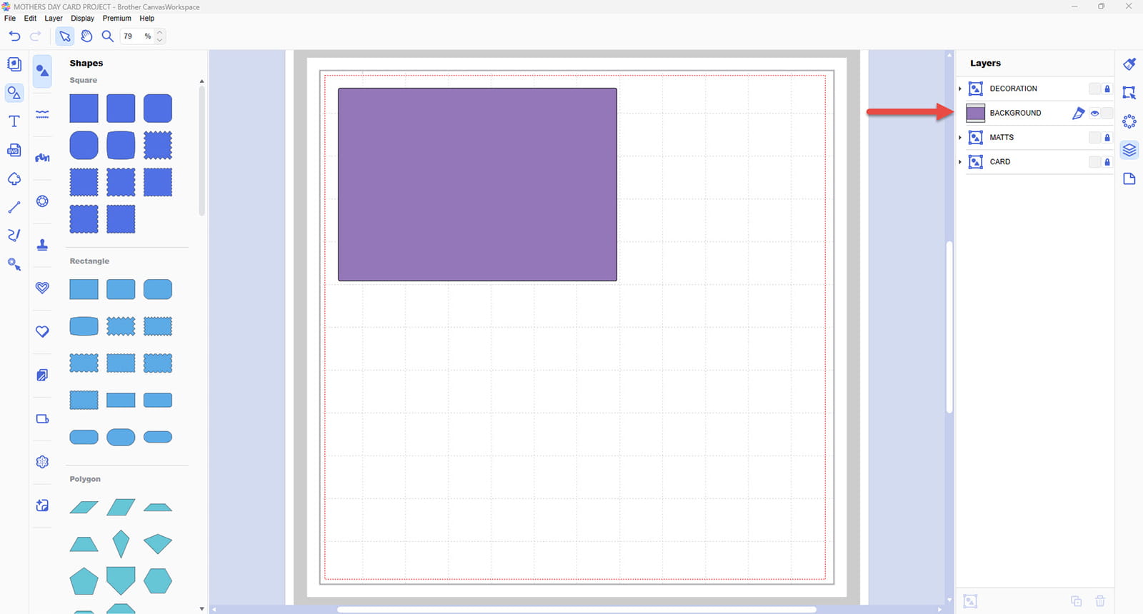 capture d'écran du rectangle violet dans l'application CanvasWorkspace de Brother