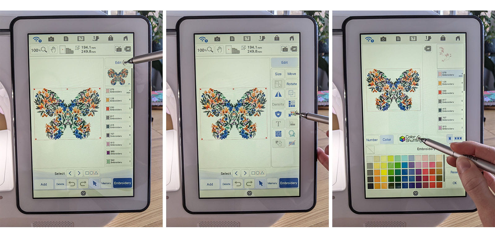 Step-by-step image choosing butterfly embroidery pattern on screen