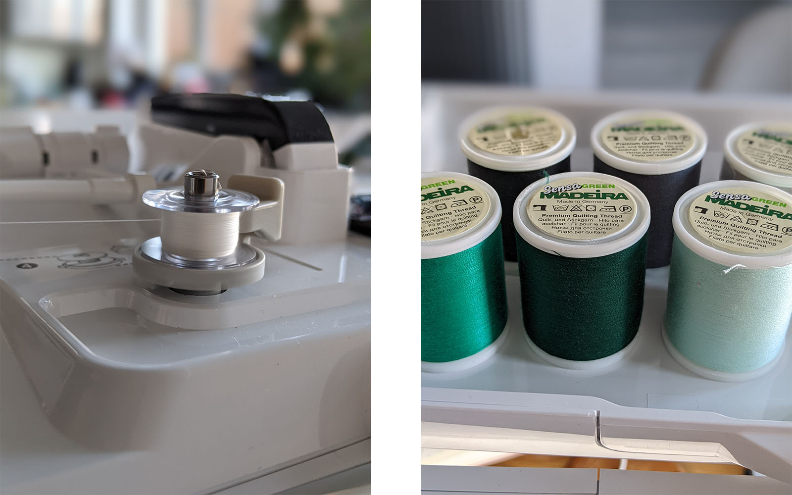 Close up of bobbin winder and green thread on Brother Luminaire XP3