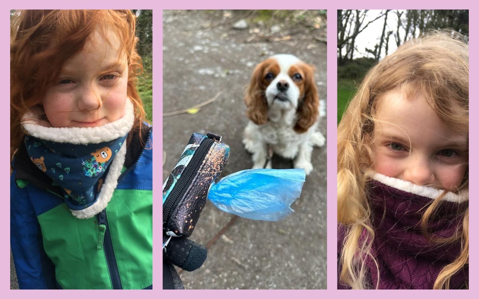 two girls in snoods and a cocker spaniel with a poo bag holder