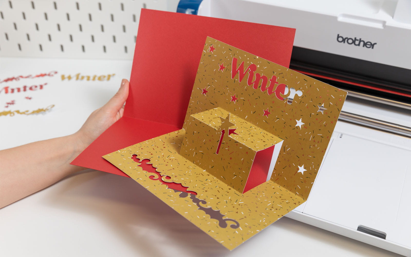 Yellow and red handmade pop-up Christmas card