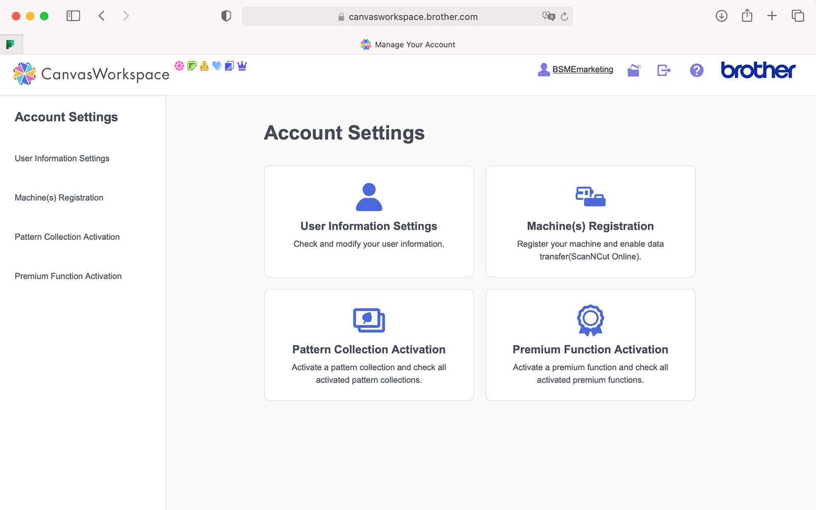 Canvasworkspace account page