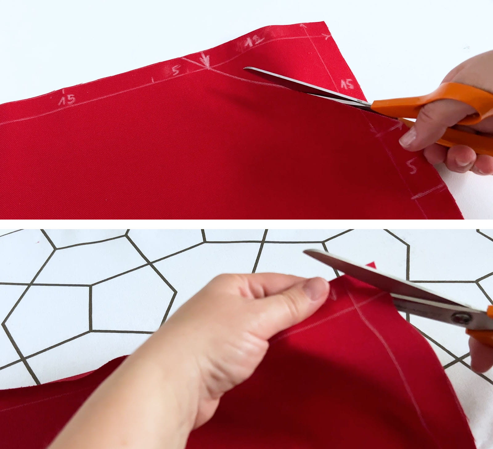 Cutting corners off red fabric