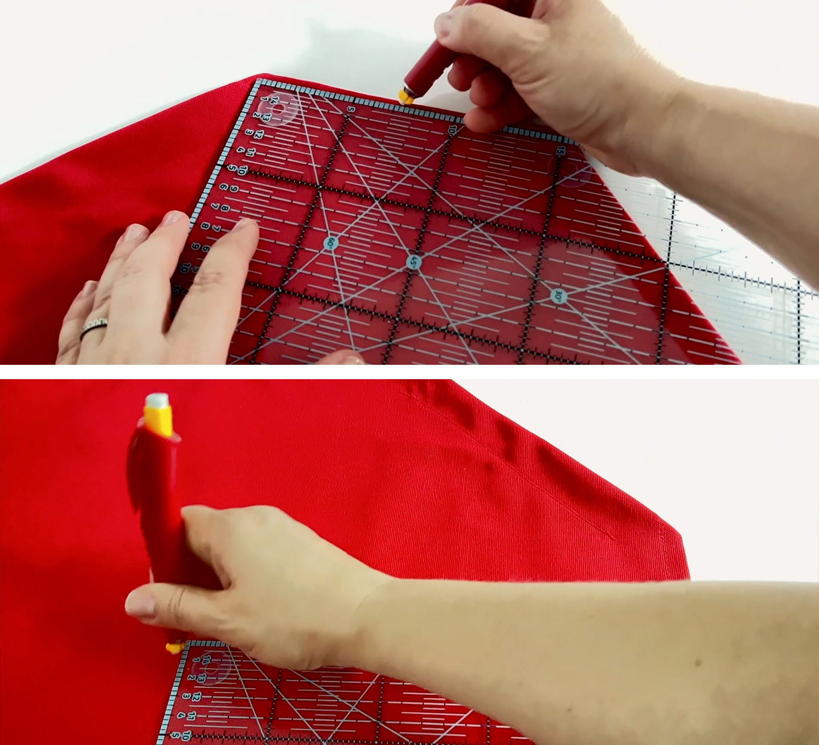 Drawing white marks on red fabric