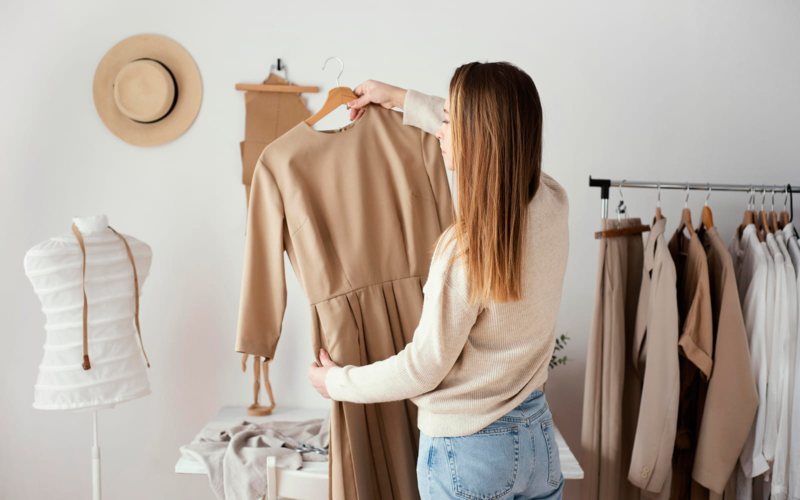 a woman holds up a brown dress she has sewn 