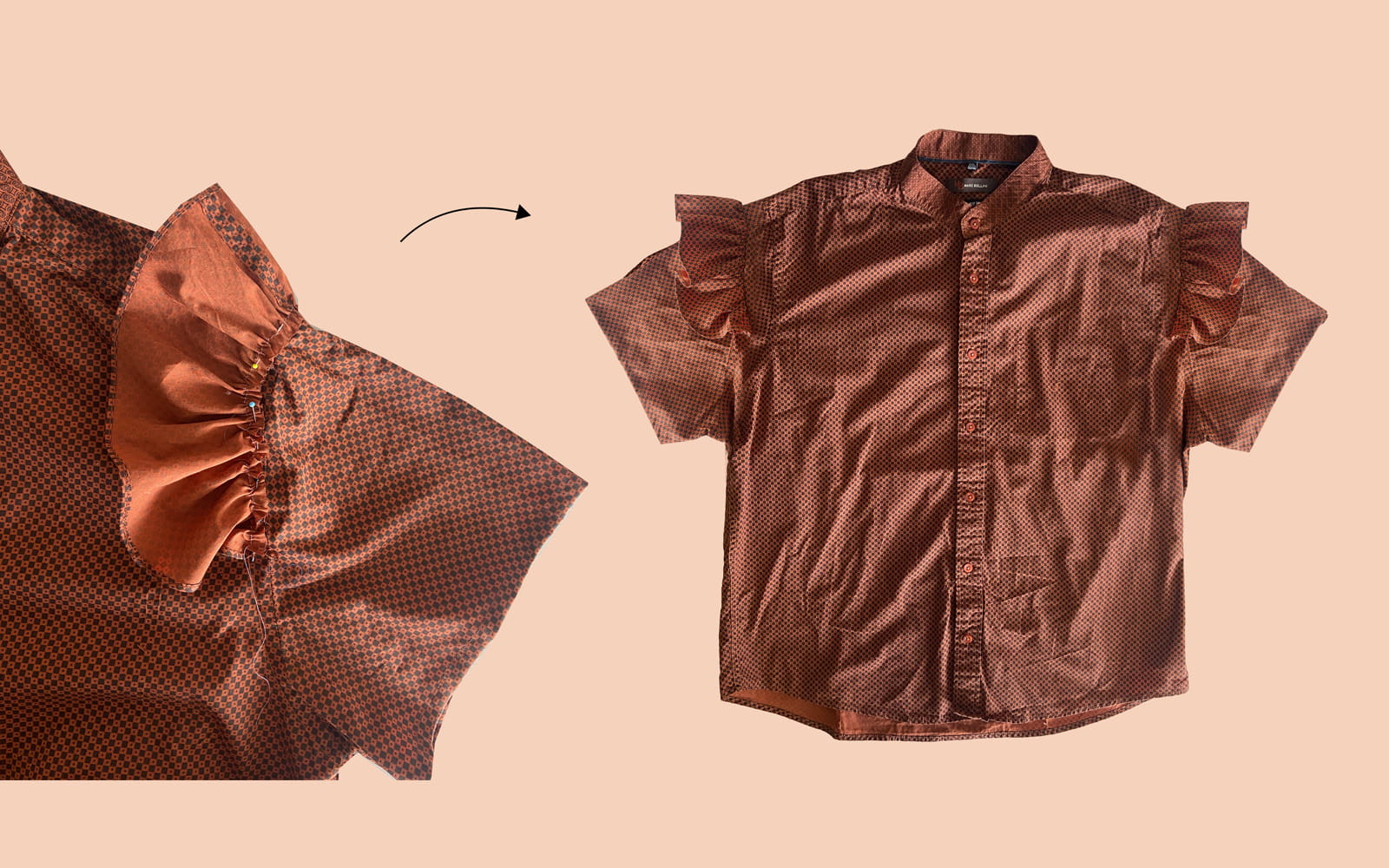 schema che illustra come cucire un volant sulla manica della camicia marrone