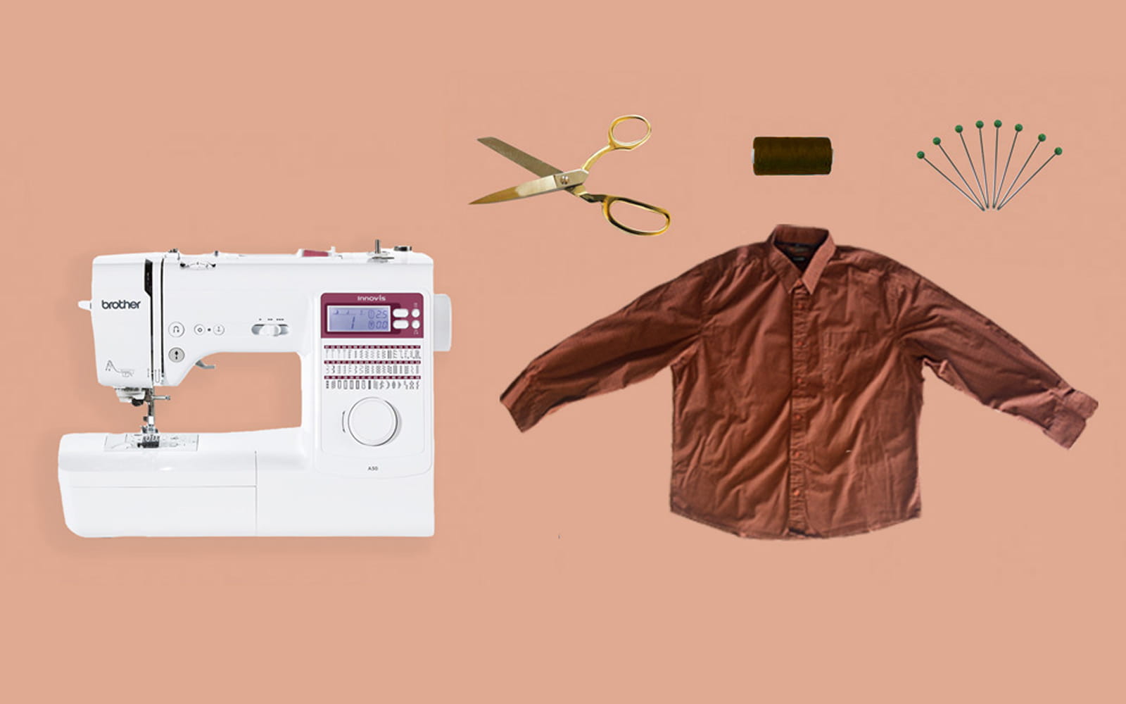flat lay brown shirt with Brother Innov-is A60SE and sewing notions
