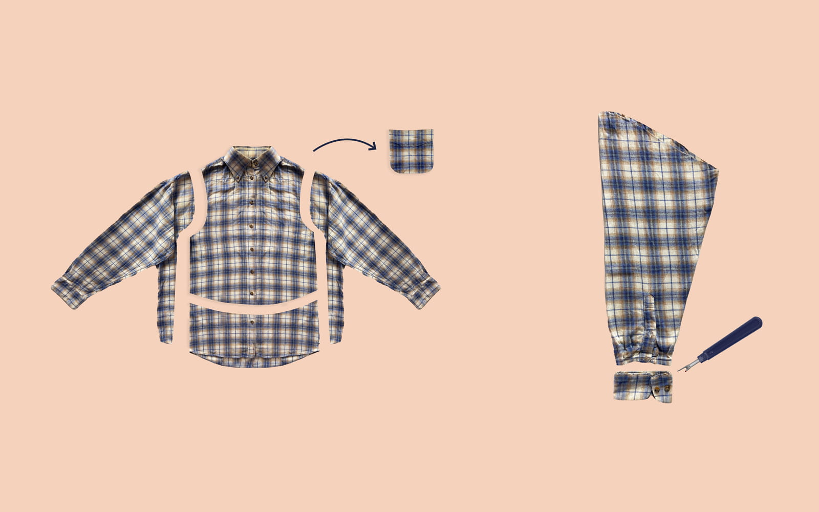 deconstructed plaid shirt and sleeve on peach background