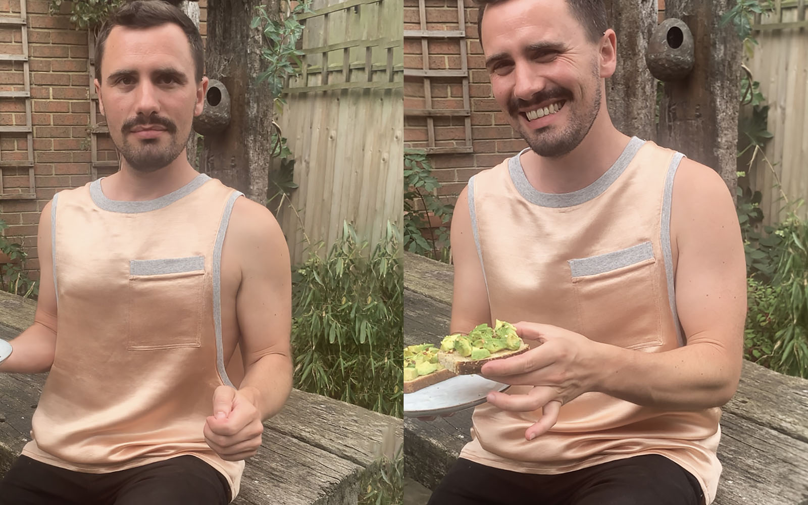 Raph Dilhan in sitting in garden in peach silk vest