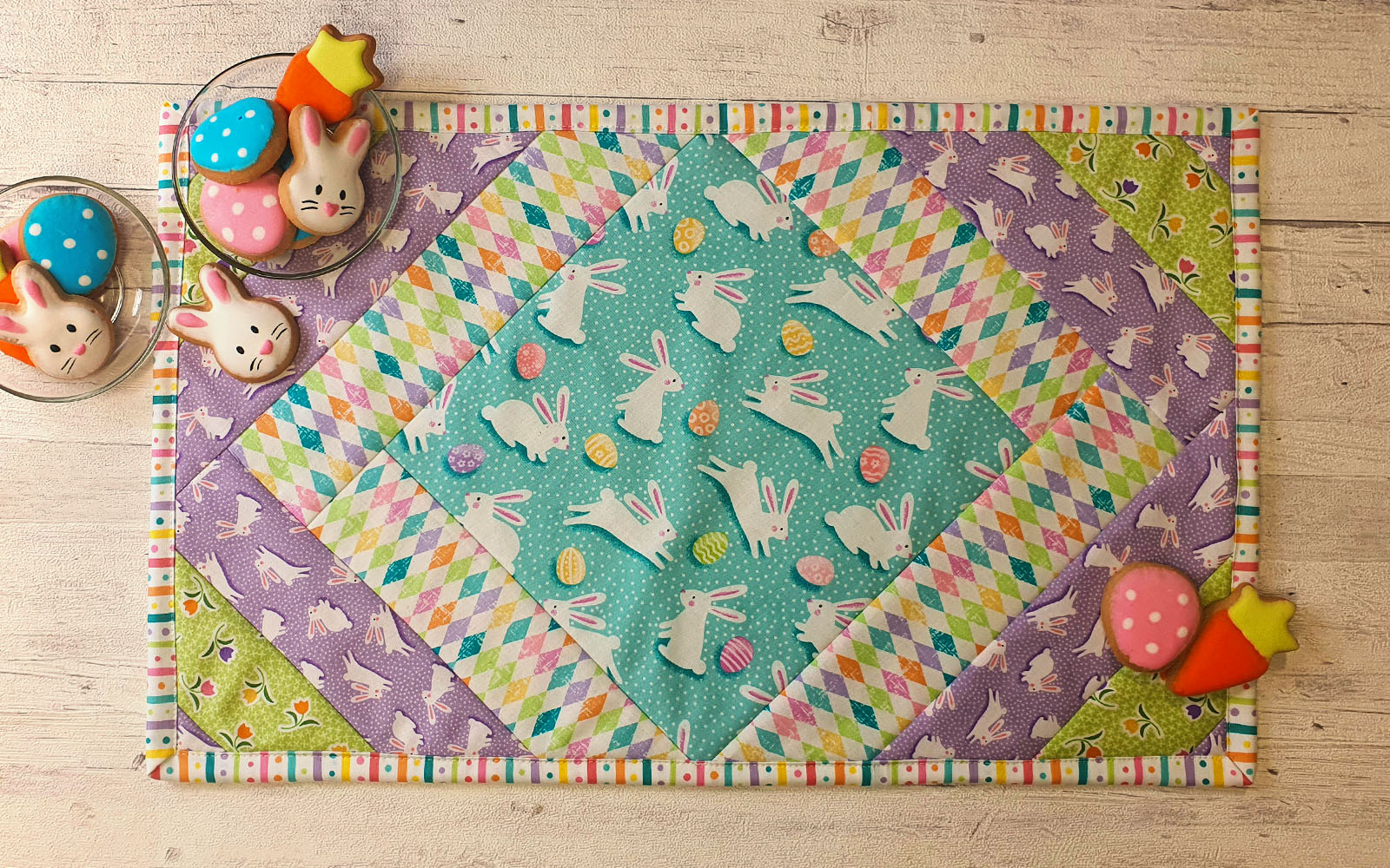 Quilted Easter placemat on wooden table