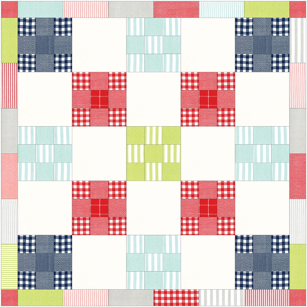dessin d'un modèle de courtepointe fait de carrés rouges, blancs et verts