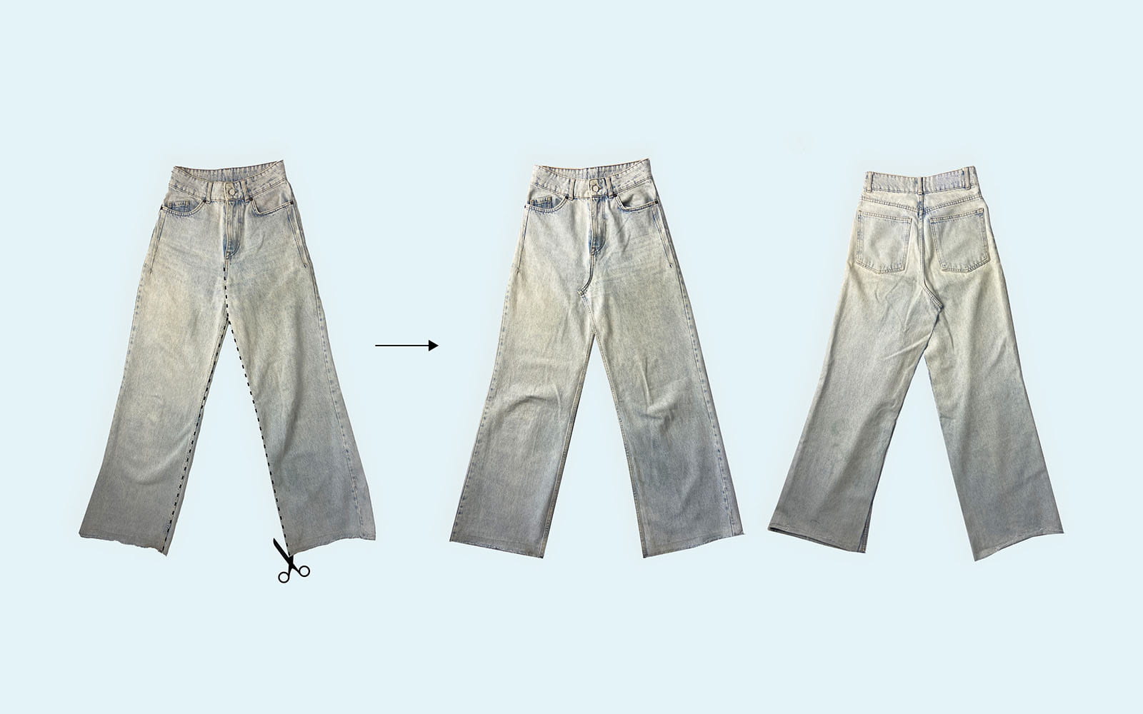 three pairs of jeans lying flat with crotch seam cut open