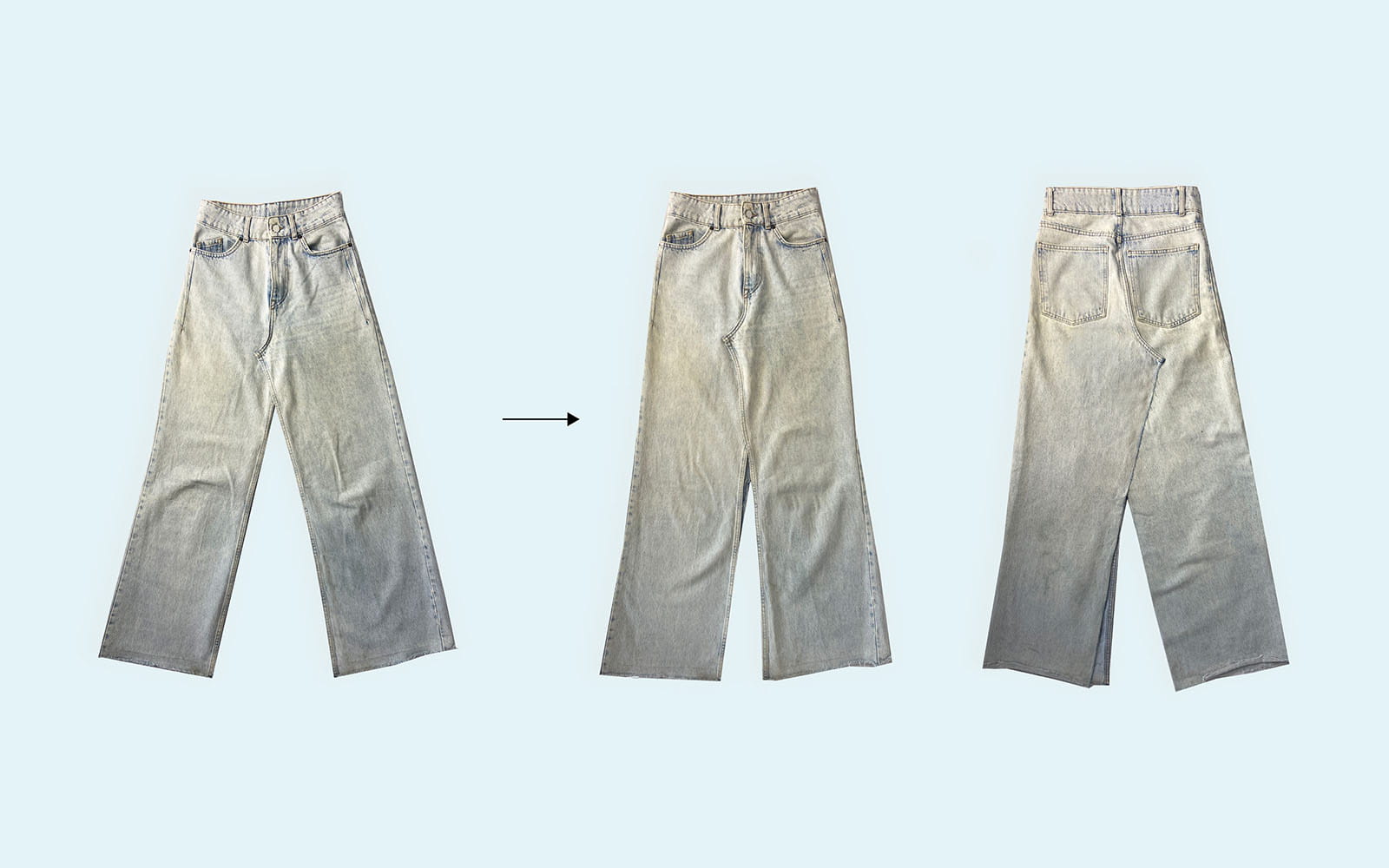 three pairs of jeans lying flat with crotch seam pinned close