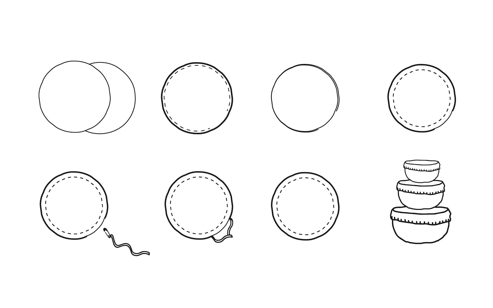 dessin au trait noir des étapes de couture d'un couvercle de bol sur fond blanc