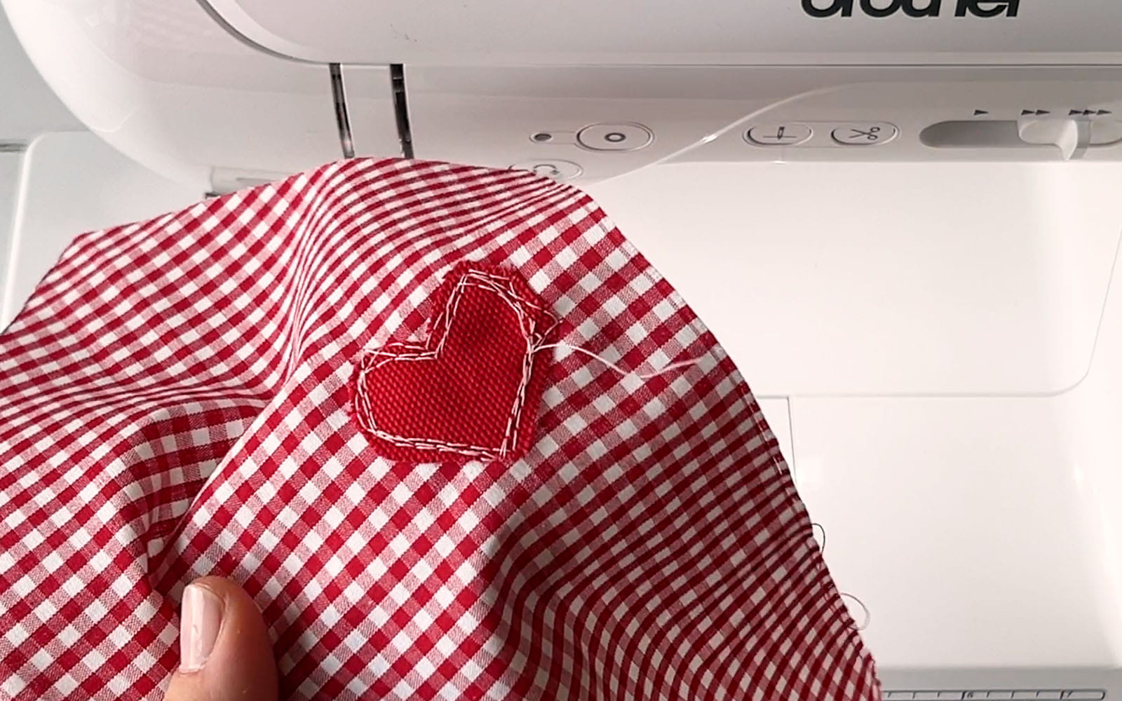 Red and white gingham with Brother sewing machine in background