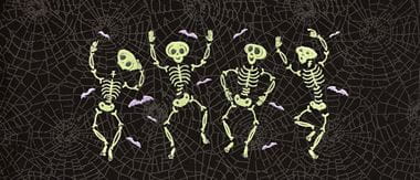 four embroidered cartoon skeletons on cobweb fabric
