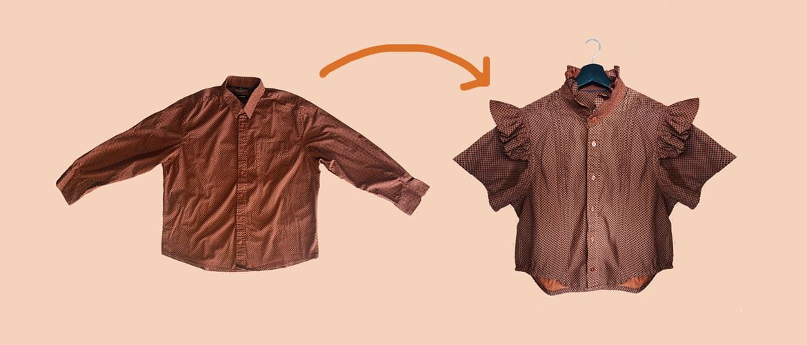 two versions of brown shirt, one upcycled with frilly sleeves