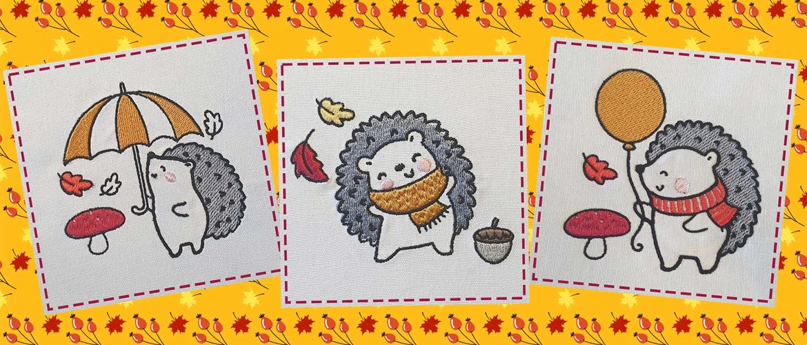 three embroidered hedgehogs in autumn setting