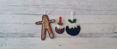 Fabric gingerbread man and Christmas pudding baubles