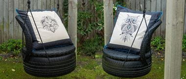 zentangle embroidery cushions on swings in garden