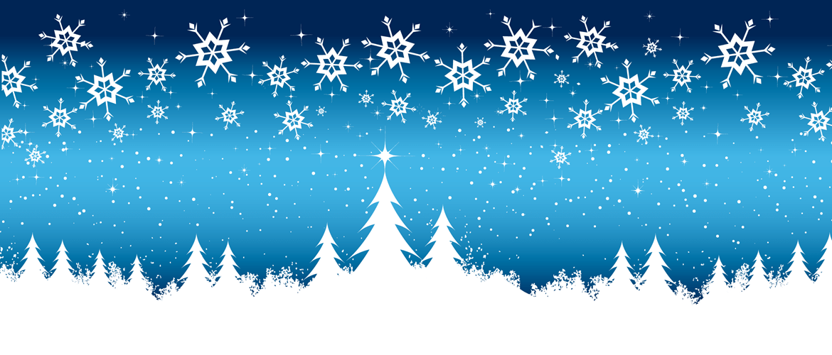 White snow and trees on blue snowflake background