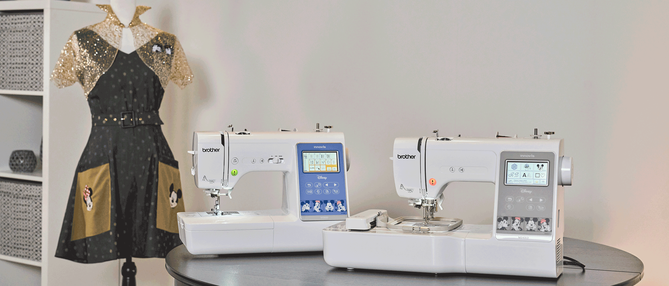 Brother Innov-is M340ED and M380D on table next to dress form