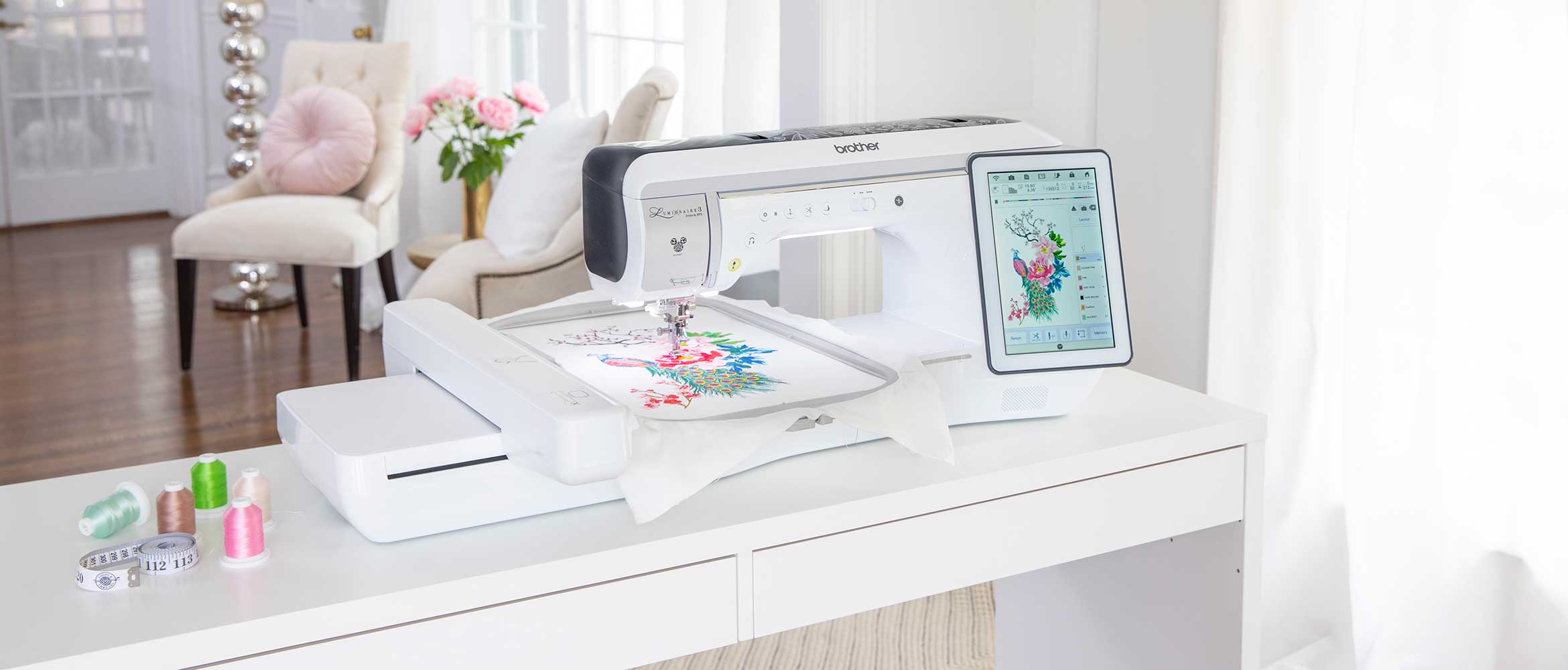Colorful embroidery in Brother Innov-is XP3 in a bright living room