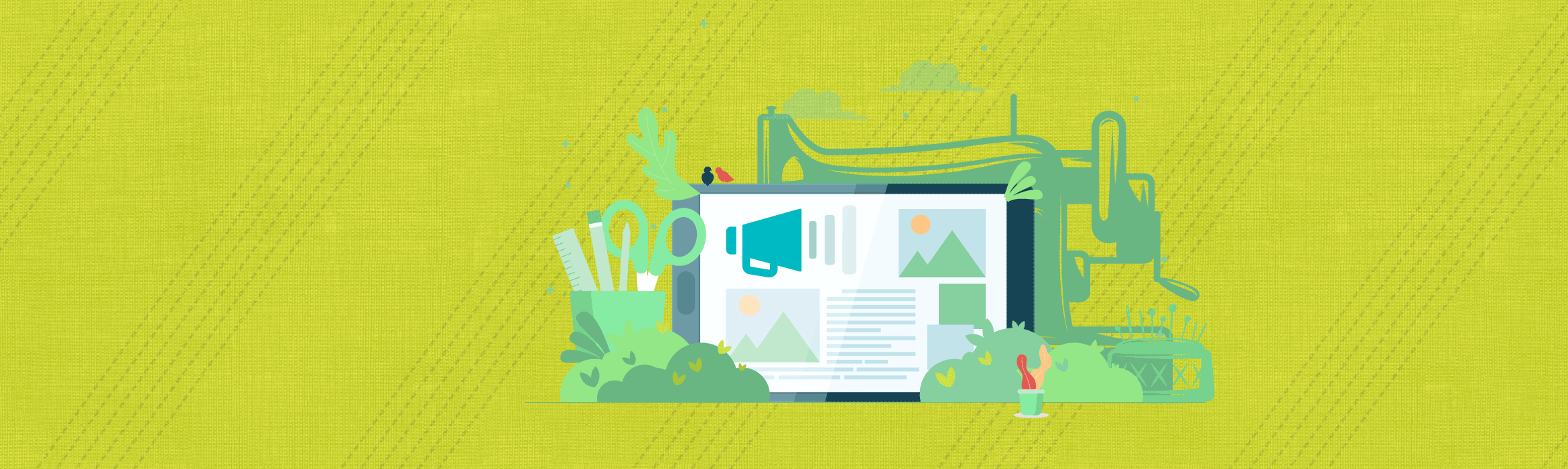 Green background with sewing machine and tablet silhouette